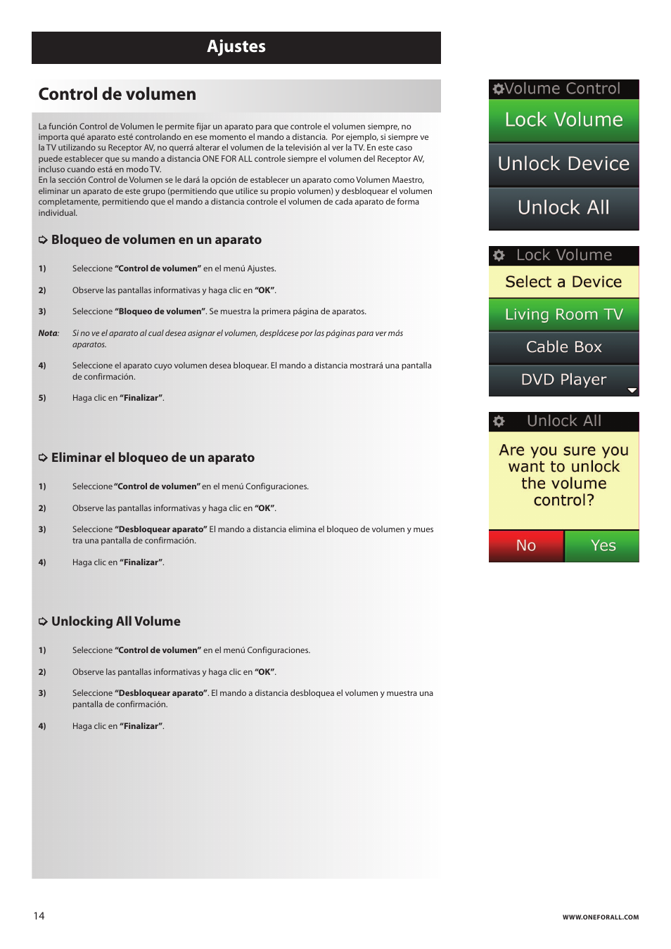 Ajustes control de volumen, Bloqueo de volumen en un aparato, Eliminar el bloqueo de un aparato | Unlocking all volume | One for All URC 8620 Xsight Plus User Manual | Page 66 / 290