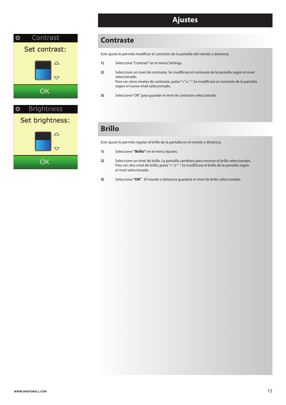 Ajustes, Contraste brillo | One for All URC 8620 Xsight Plus User Manual | Page 67 / 290