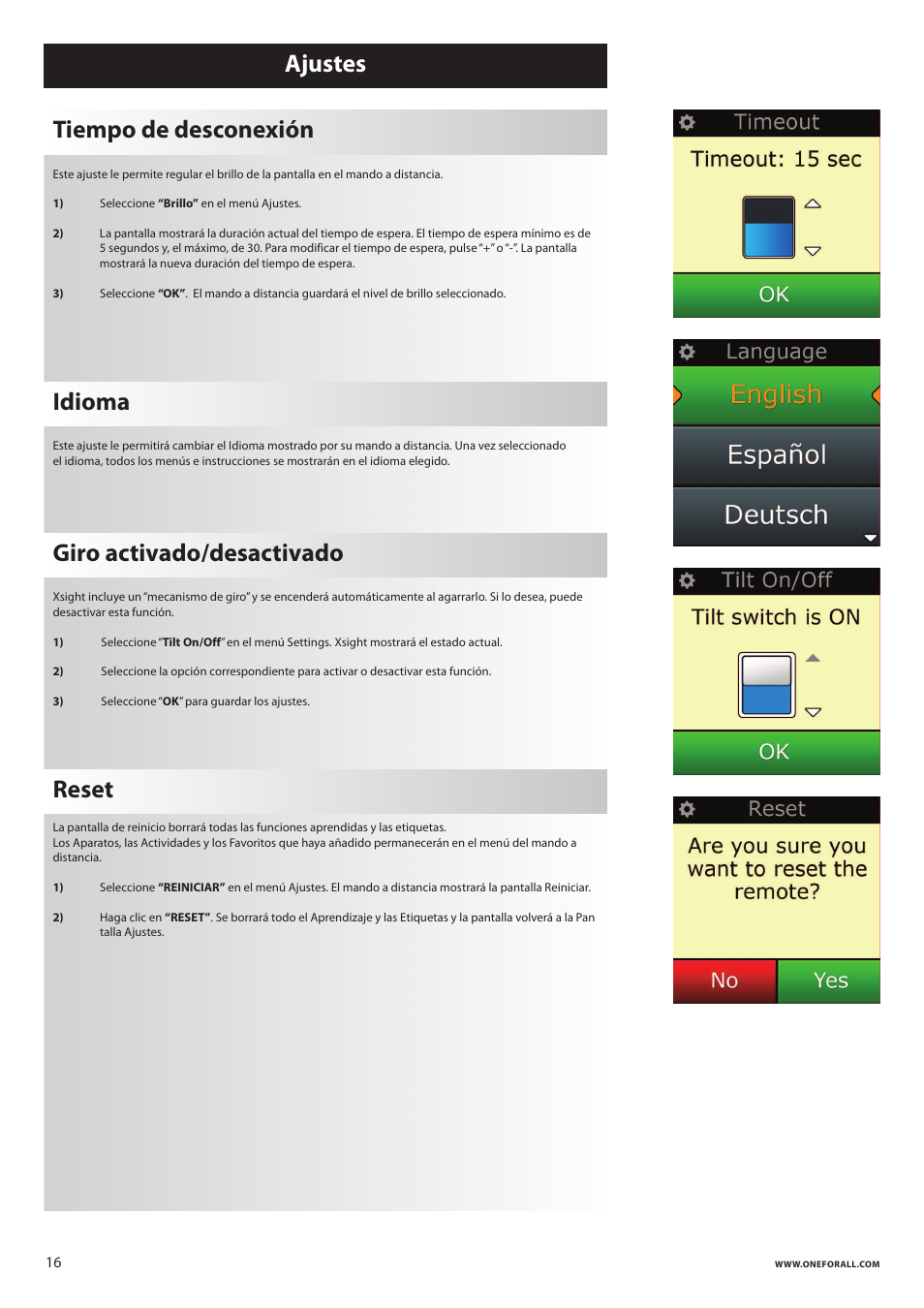 Ajustes tiempo de desconexión, Idioma, Giro activado/desactivado | Reset | One for All URC 8620 Xsight Plus User Manual | Page 68 / 290