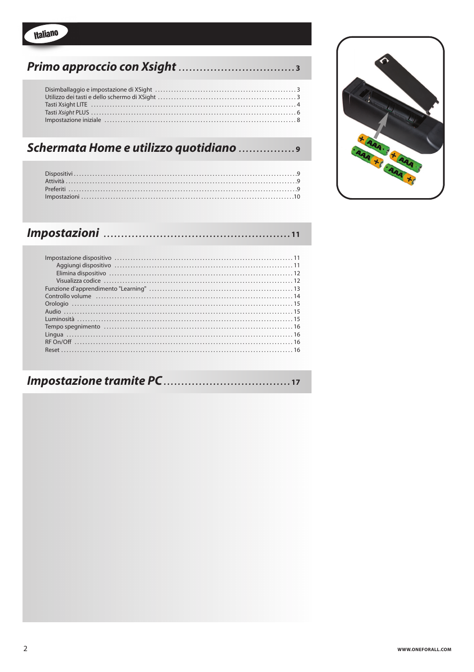 Primo approccio con xsight, Schermata home e utilizzo quotidiano, Impostazioni | Impostazione tramite pc | One for All URC 8620 Xsight Plus User Manual | Page 71 / 290