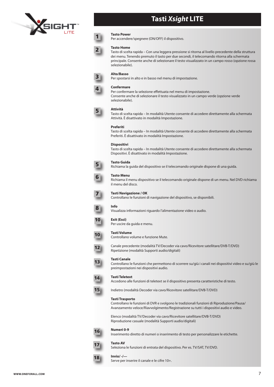 Tasti xsight lite | One for All URC 8620 Xsight Plus User Manual | Page 76 / 290