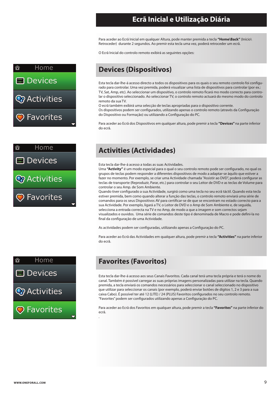 Ecrã inicial e utilização diária, Devices (dispositivos), Activities (actividades) favorites (favoritos) | One for All URC 8620 Xsight Plus User Manual | Page 95 / 290