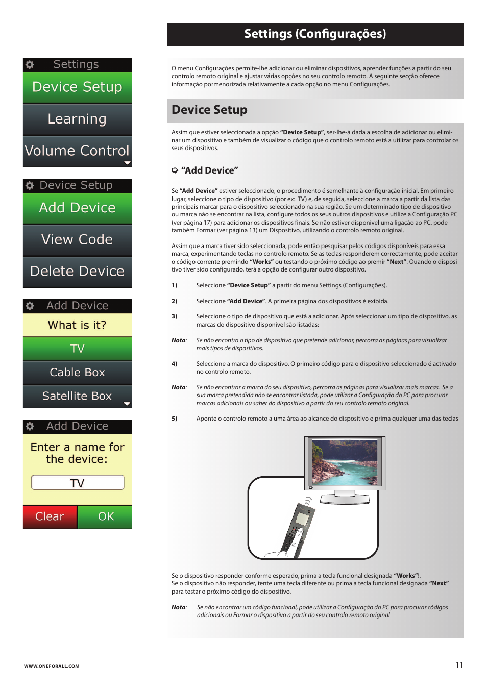 Settings (conﬁgurações) device setup, Add device | One for All URC 8620 Xsight Plus User Manual | Page 97 / 290