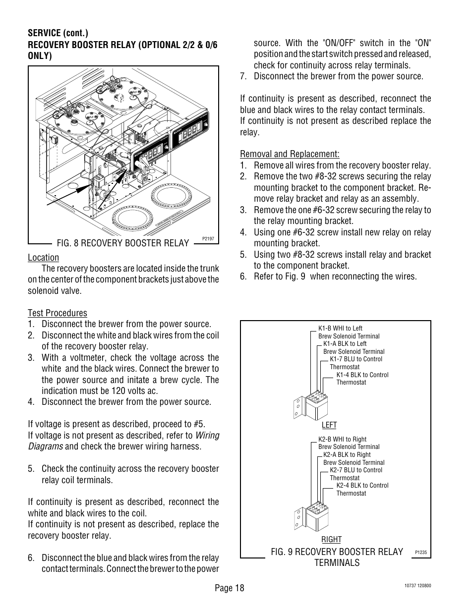 Wiring diagrams, Fig. 9 recovery booster relay terminals | Bunn CWTF TWIN-APS User Manual | Page 18 / 34
