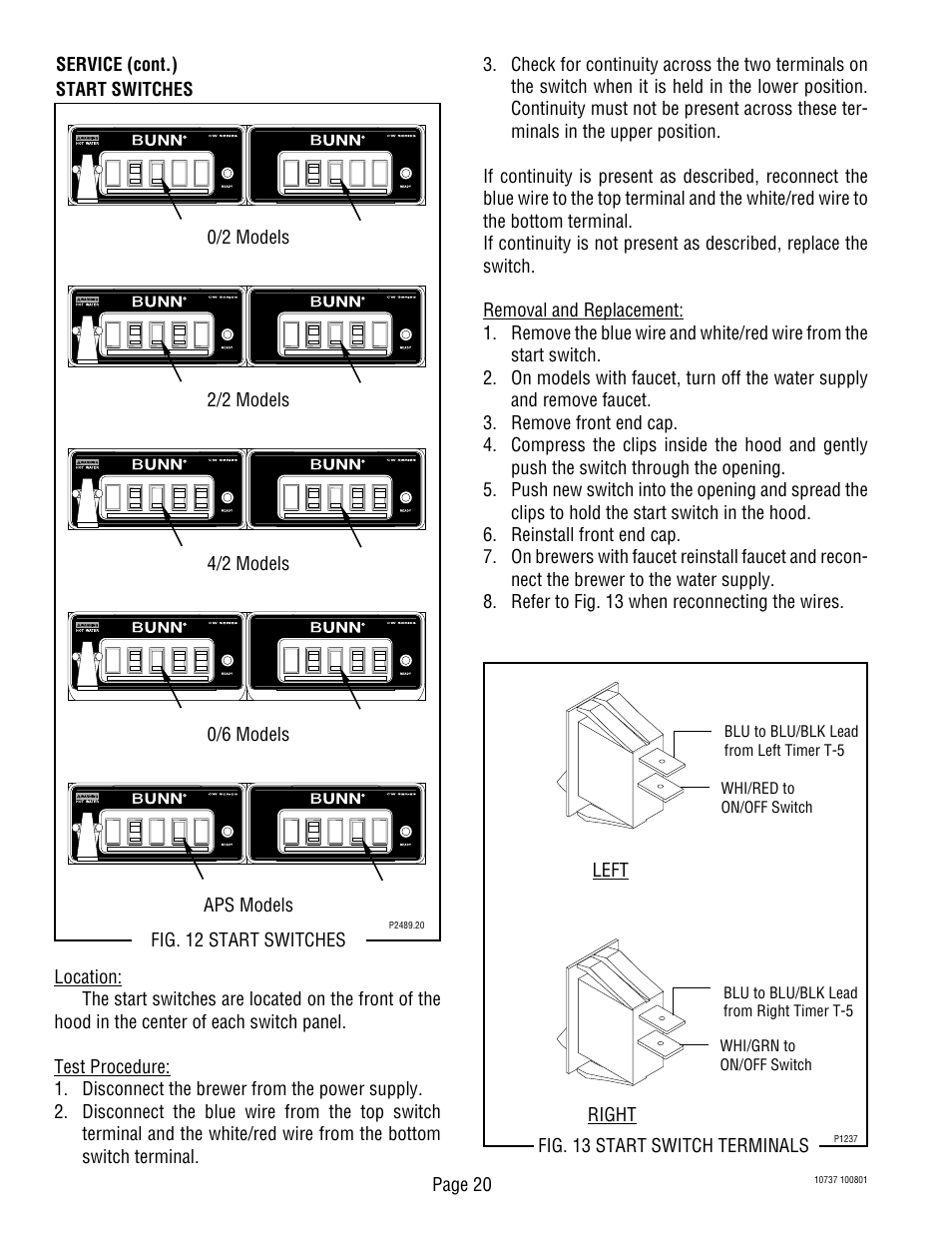 Page 20 aps models start switches service (cont.), Fig. 12 start switches | Bunn CWTF TWIN-APS User Manual | Page 20 / 34