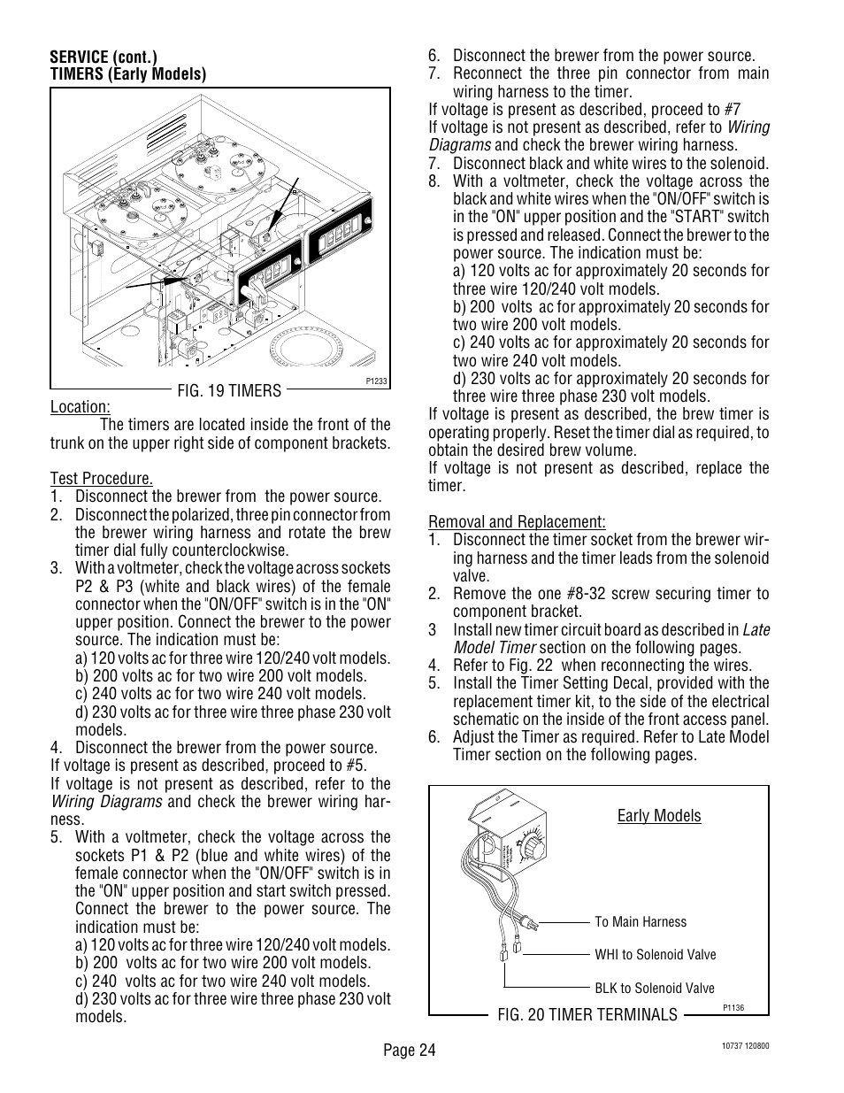 Wiring diagrams, Late model timer, Page 24 | Fig. 20 timer terminals | Bunn CWTF TWIN-APS User Manual | Page 24 / 34
