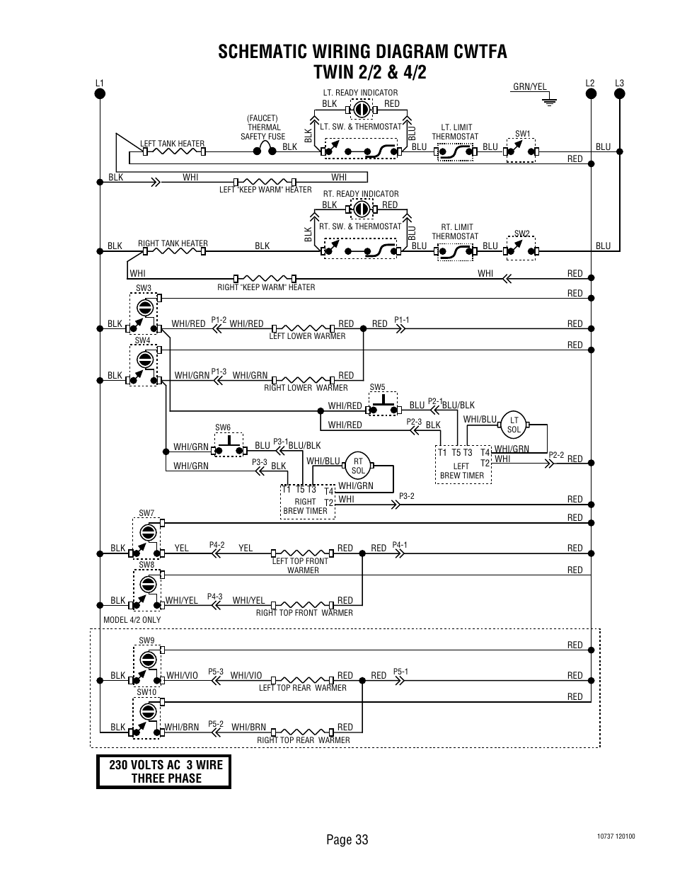 Schematic wiring diagram cwtfa twin 2/2 & 4/2, Page 33, 230 volts ac 3 wire three phase | Bunn CWTF TWIN-APS User Manual | Page 33 / 34