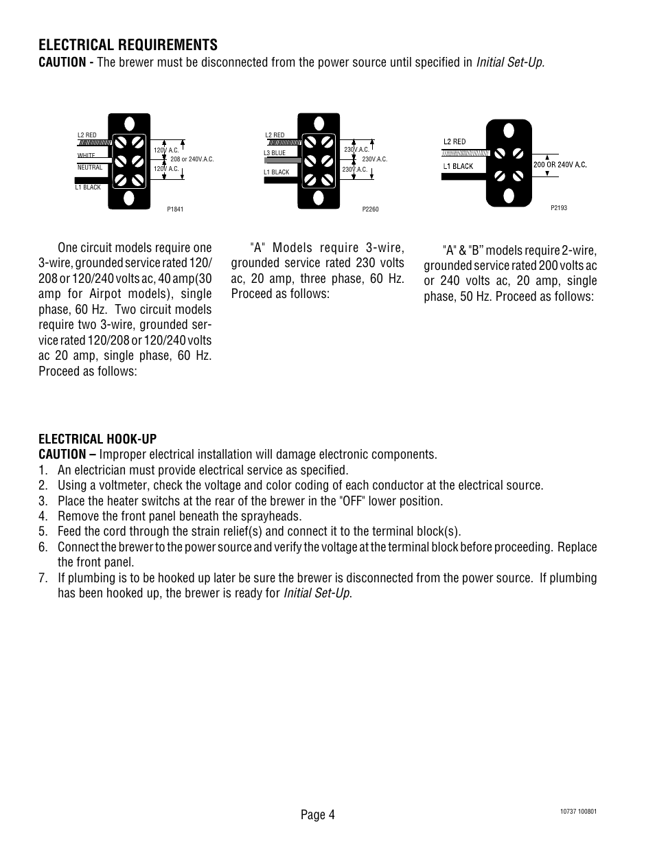 Electrical requirements, Initial set-up, Page 4 | Bunn CWTF TWIN-APS User Manual | Page 4 / 34