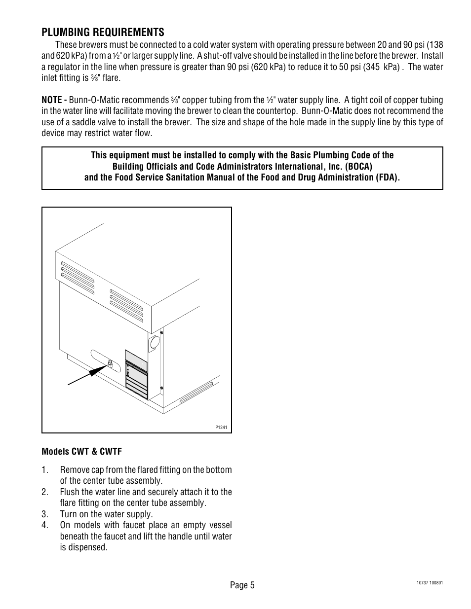 Plumbing requirements, Page 5 models cwt & cwtf, Copper tubing from the | Bunn CWTF TWIN-APS User Manual | Page 5 / 34