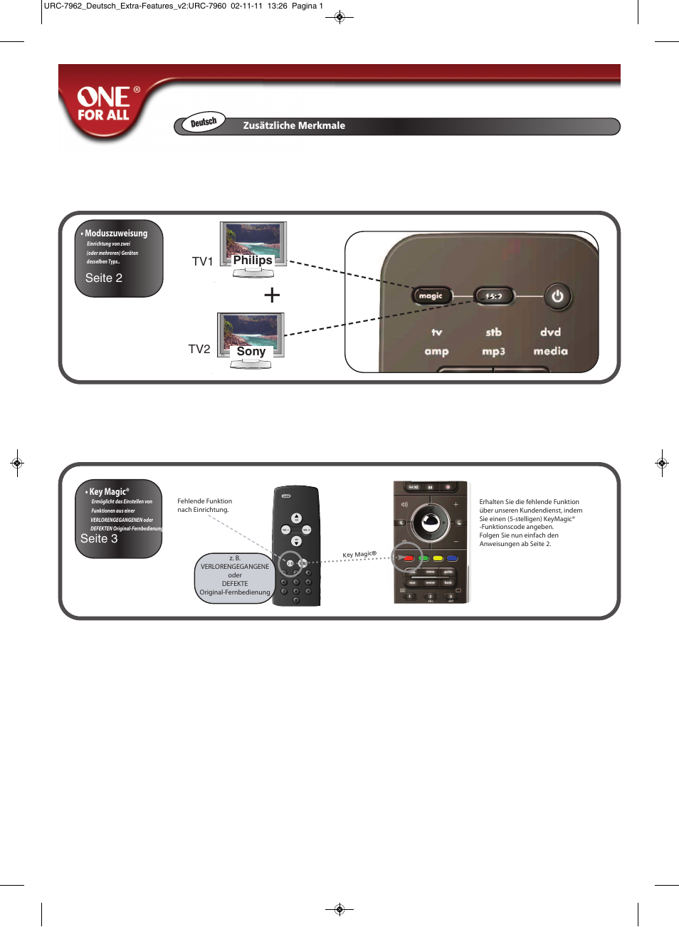 Seite 3, Seite 2 philips sony tv1 tv2 | One for All URC 7962 Smart Control Motion - Extra features manual User Manual | Page 5 / 64