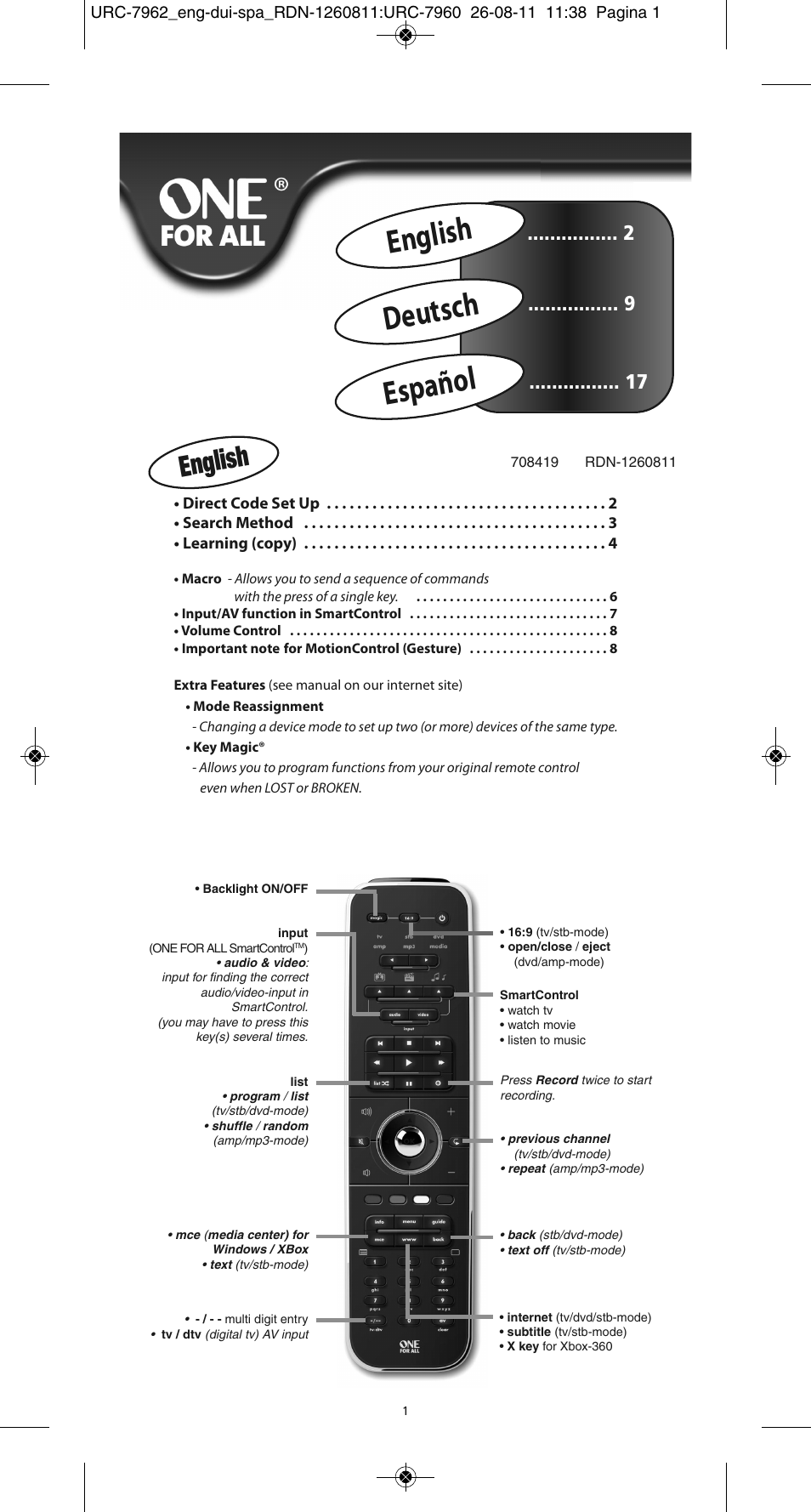 English deutsch español, English | One for All URC 7962 Smart Control Motion - Manual and Code list User Manual | Page 10 / 196