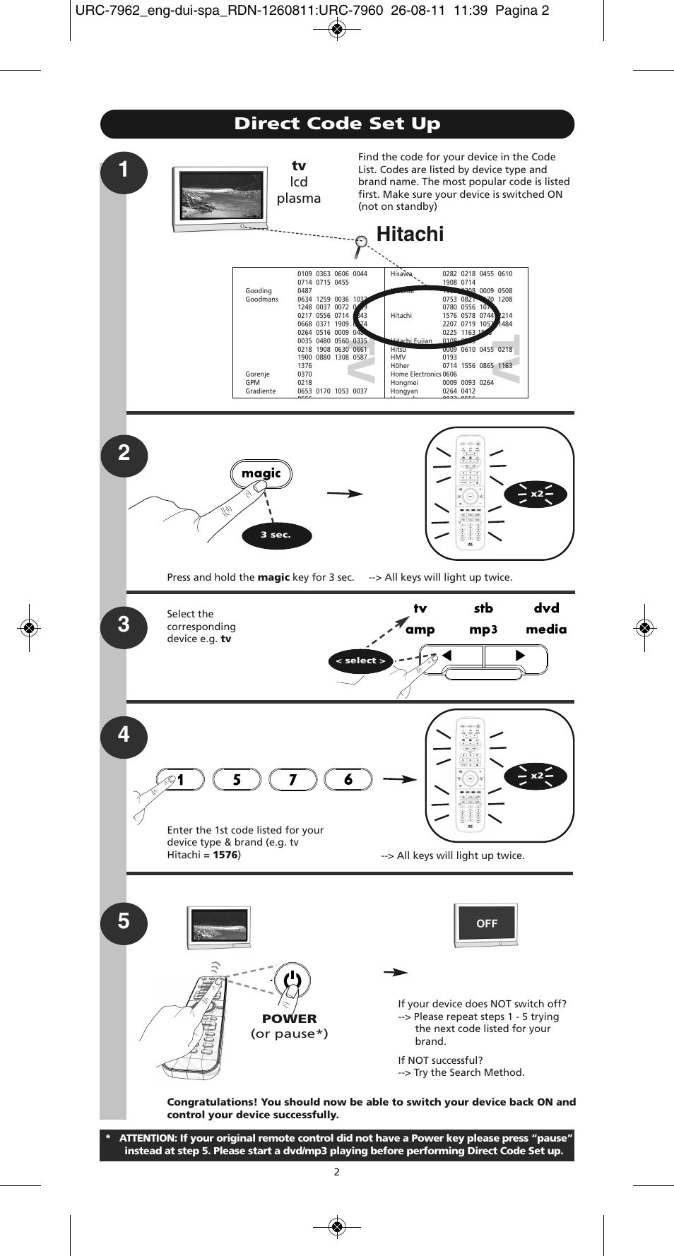 Tv t v, Hitachi, Direct code set up | Tv lcd plasma, Power (or pause*) | One for All URC 7962 Smart Control Motion - Manual and Code list User Manual | Page 11 / 196