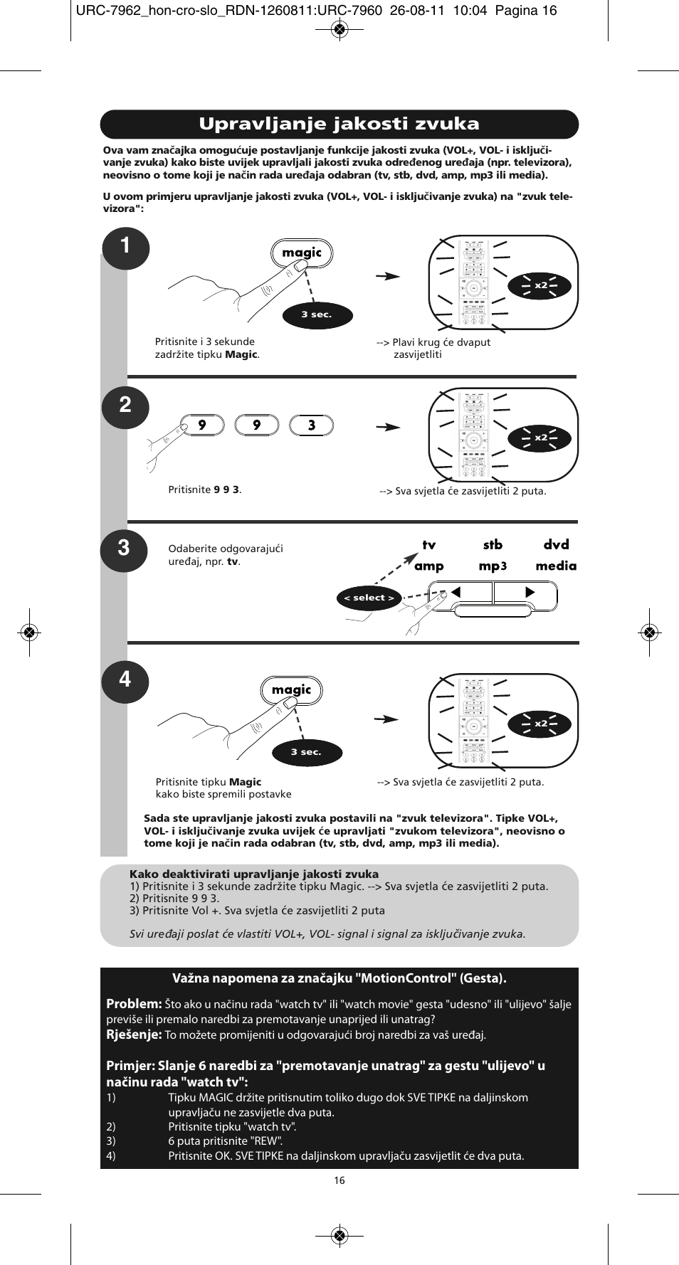 Upravljanje jakosti zvuka | One for All URC 7962 Smart Control Motion - Manual and Code list User Manual | Page 121 / 196