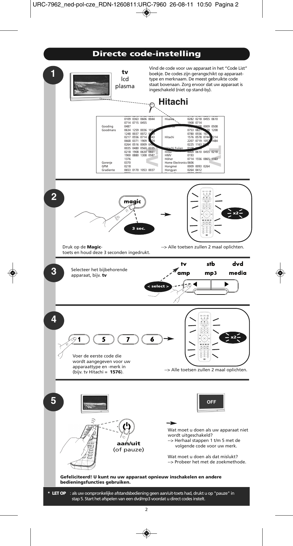 Tv t v, Hitachi, Directe code-instelling | Aan/uit (of pauze) | One for All URC 7962 Smart Control Motion - Manual and Code list User Manual | Page 131 / 196