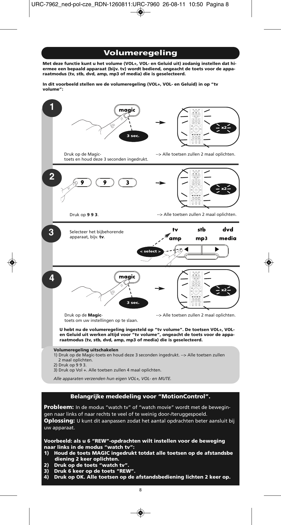 Volumeregeling | One for All URC 7962 Smart Control Motion - Manual and Code list User Manual | Page 137 / 196