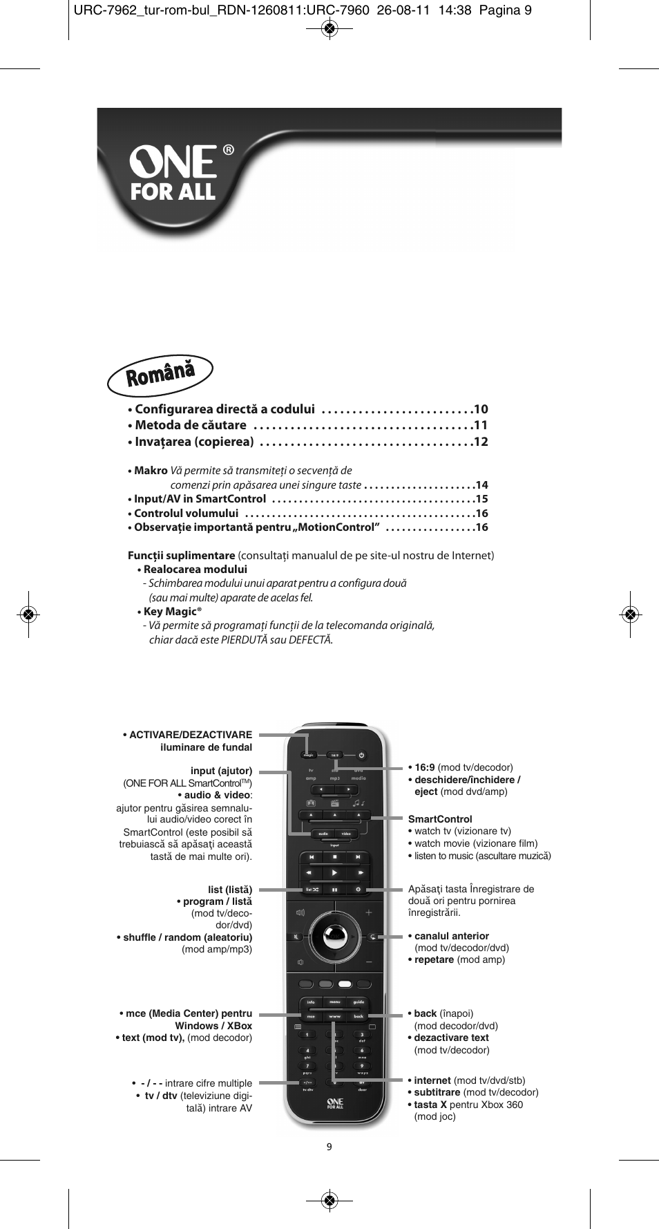 Română | One for All URC 7962 Smart Control Motion - Manual and Code list User Manual | Page 162 / 196