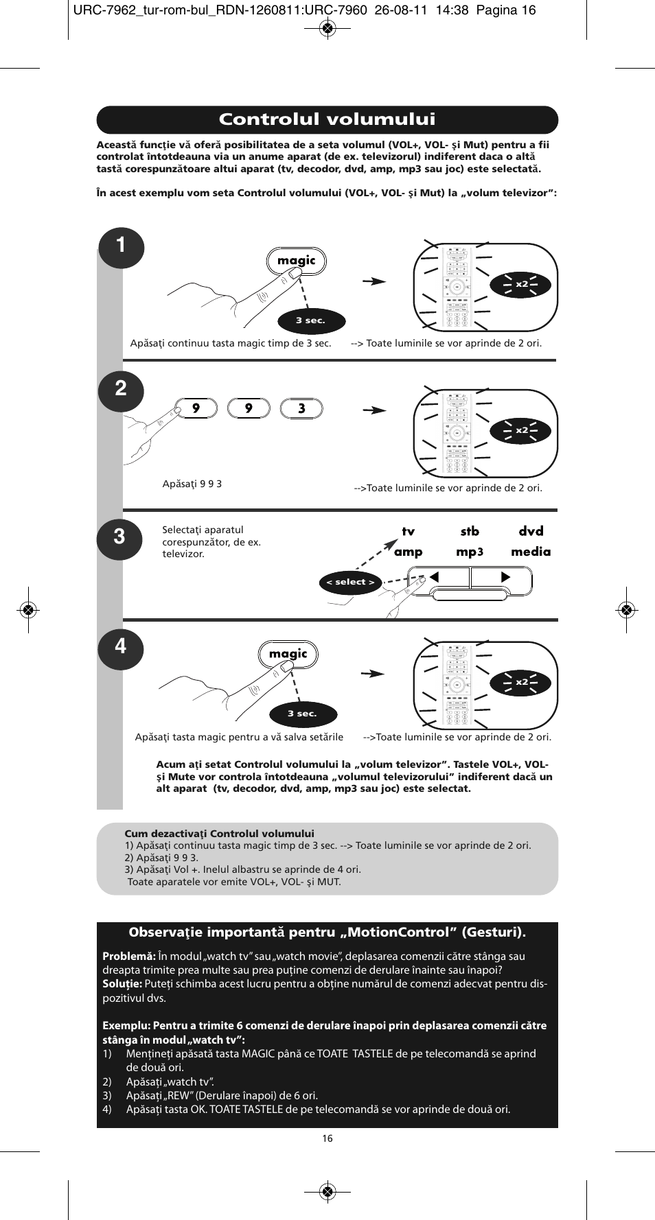 Controlul volumului | One for All URC 7962 Smart Control Motion - Manual and Code list User Manual | Page 169 / 196