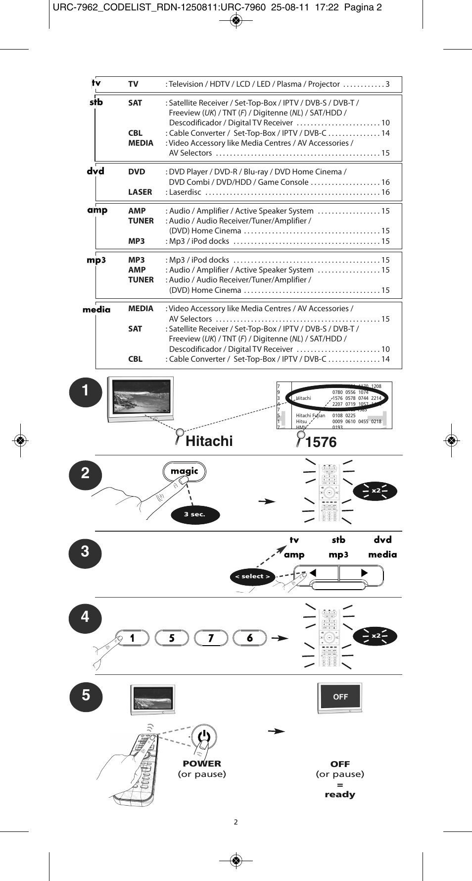 Tv t v, Hitachi, Power (or pause) | One for All URC 7962 Smart Control Motion - Manual and Code list User Manual | Page 179 / 196