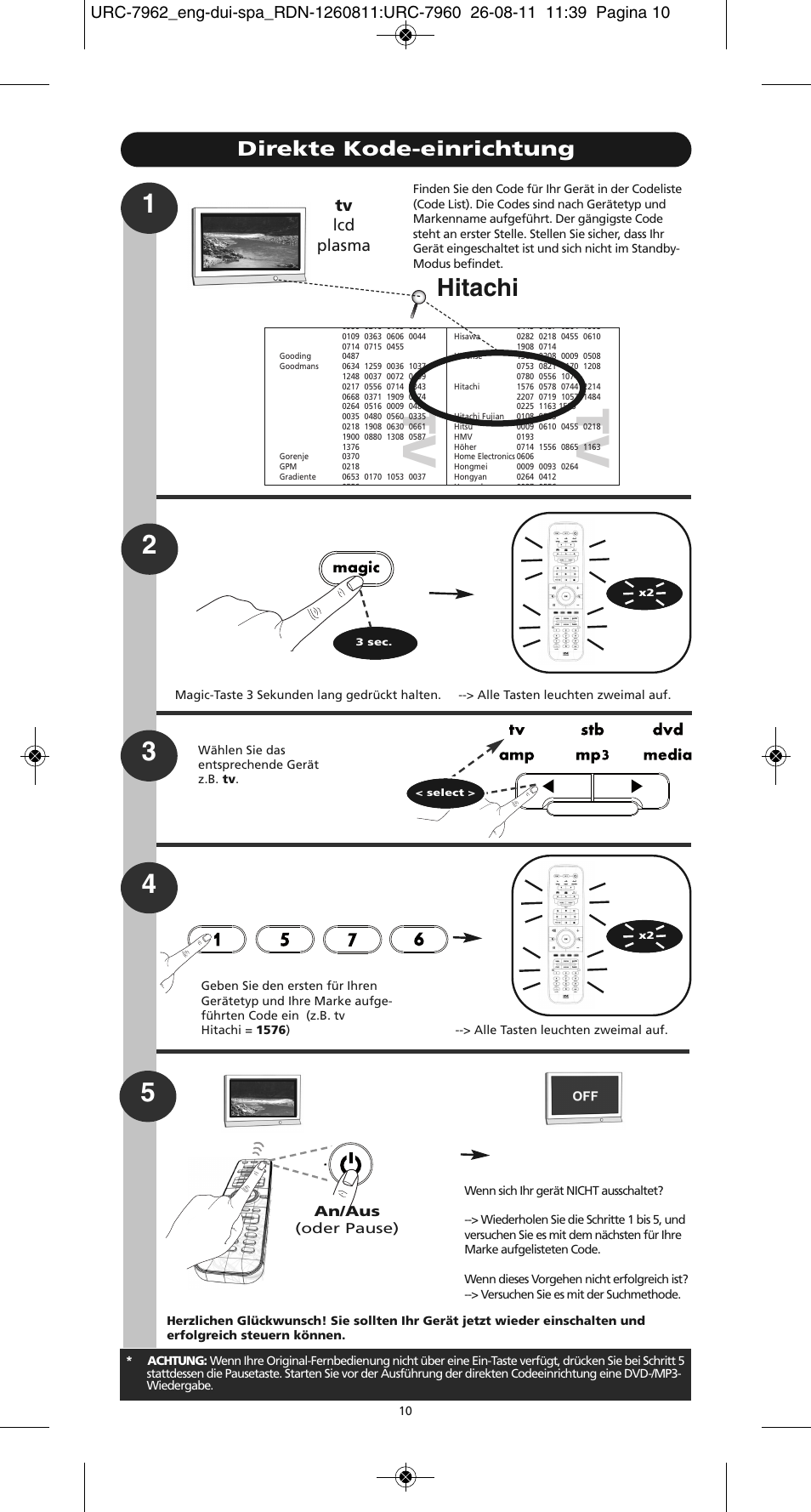 Tv t v, Hitachi, Direkte kode-einrichtung | Tv lcd plasma, An/aus (oder pause) | One for All URC 7962 Smart Control Motion - Manual and Code list User Manual | Page 19 / 196