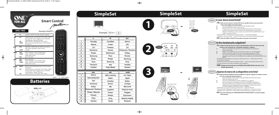 Simpleset, Batteries, Is your device brand listed | Ist ihre gerätemarke aufgelistet, Aparece la marca de su dispositivo en la lista, Lg example:. lg tv, Urc-7962 | One for All URC 7962 Smart Control Motion - Manual and Code list User Manual | Page 2 / 196