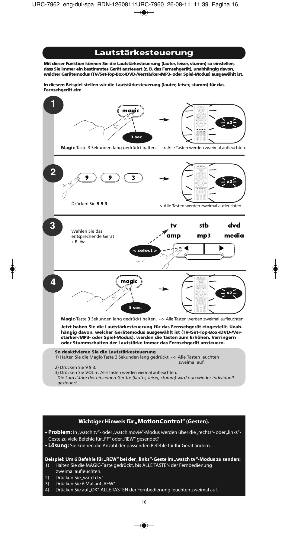 Lautstärkesteuerung | One for All URC 7962 Smart Control Motion - Manual and Code list User Manual | Page 25 / 196