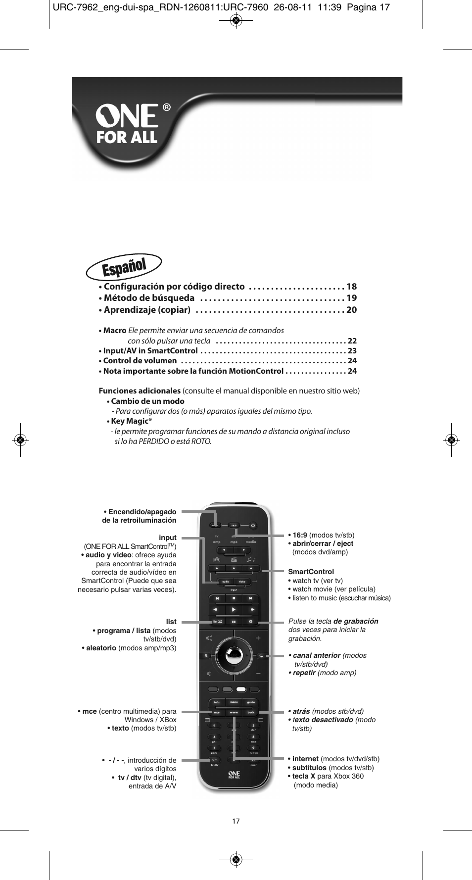 Español | One for All URC 7962 Smart Control Motion - Manual and Code list User Manual | Page 26 / 196