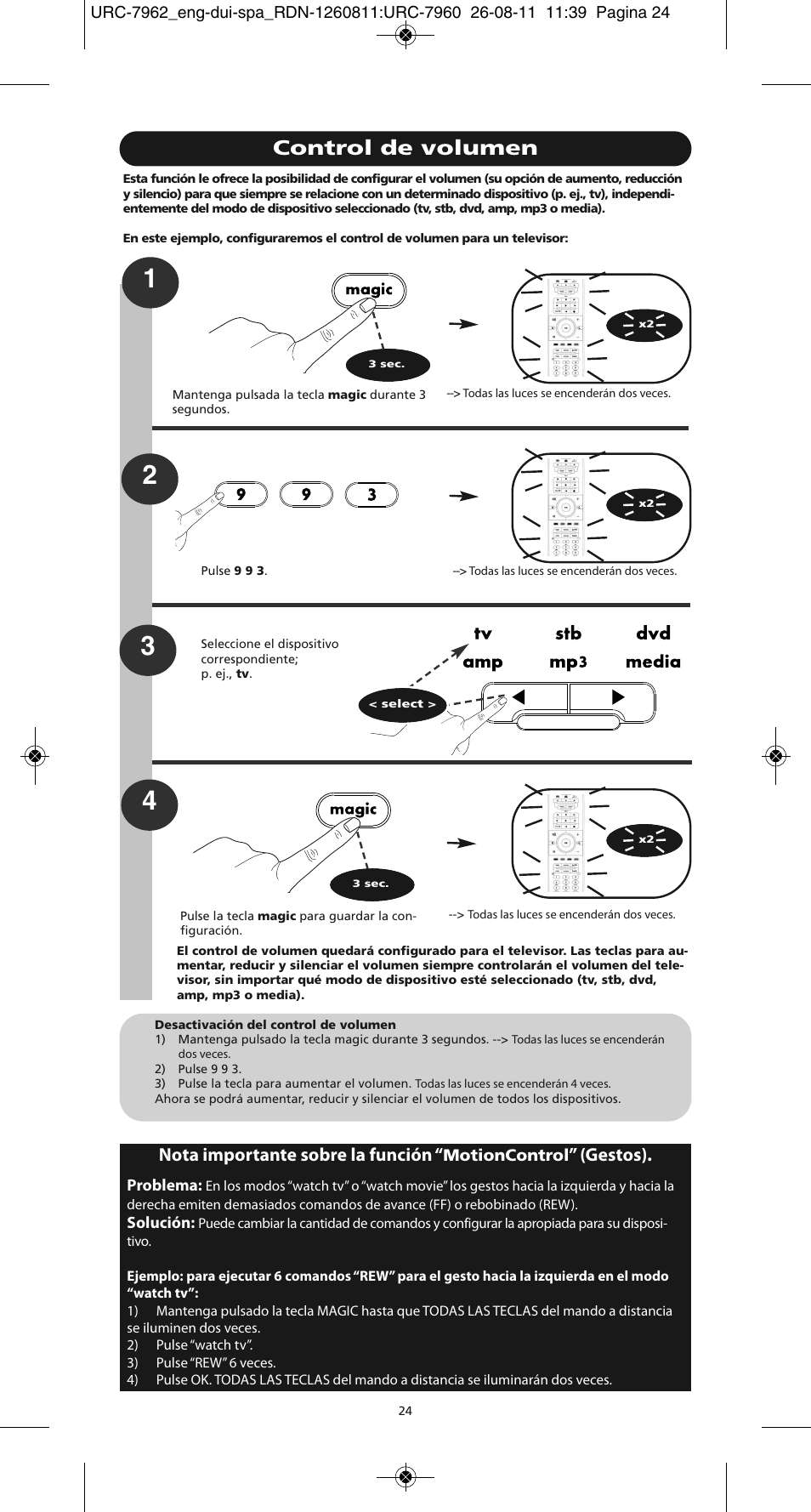 Control de volumen, Nota importante sobre la función, Gestos) | One for All URC 7962 Smart Control Motion - Manual and Code list User Manual | Page 33 / 196