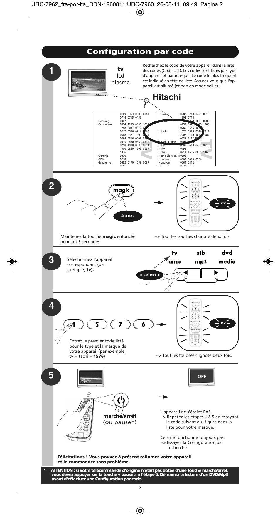 Tv t v, Hitachi, Configuration par code | Marche/arrêt (ou pause*) | One for All URC 7962 Smart Control Motion - Manual and Code list User Manual | Page 35 / 196