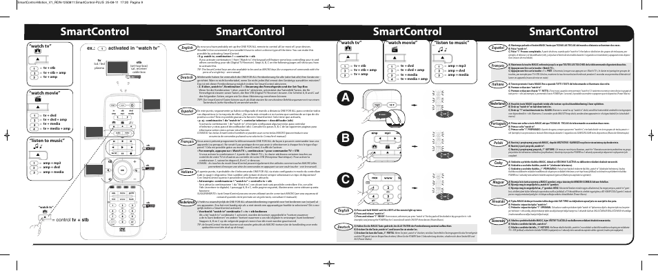 Bc a, Smartcontrol, Listen to music | Watch movie, Watch tv, Listen to music” “watch movie” “watch tv, Control tv + stb, Ex.: activated in “watch tv, English deutsch | One for All URC 7962 Smart Control Motion - Manual and Code list User Manual | Page 4 / 196