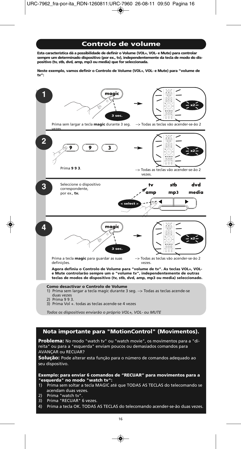 Controlo de volume, Nota importante para "motioncontrol" (movimentos) | One for All URC 7962 Smart Control Motion - Manual and Code list User Manual | Page 49 / 196