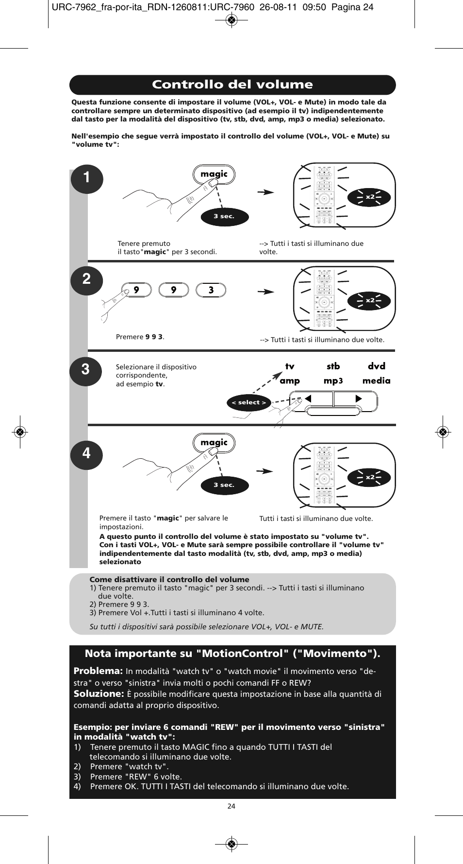 Controllo del volume, Nota importante su "motioncontrol" ("movimento") | One for All URC 7962 Smart Control Motion - Manual and Code list User Manual | Page 57 / 196