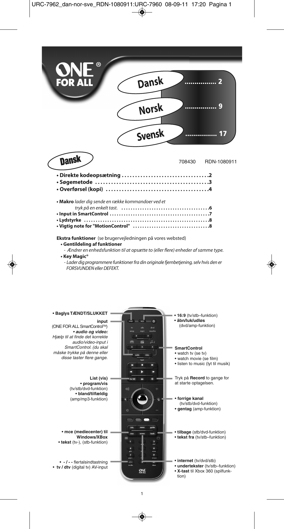 Dansk norsk svensk, Dansk | One for All URC 7962 Smart Control Motion - Manual and Code list User Manual | Page 58 / 196