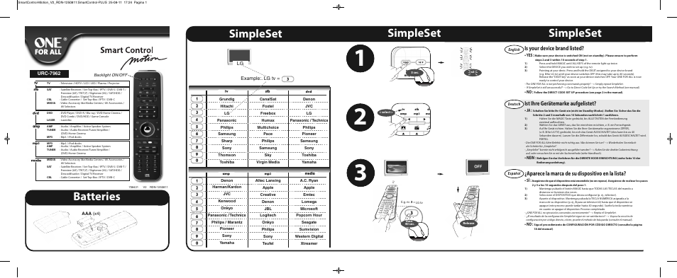 Simpleset, Batteries, Is your device brand listed | Ist ihre gerätemarke aufgelistet, Aparece la marca de su dispositivo en la lista, Lg example:. lg tv, Urc-7962 | One for All URC 7962 Smart Control Motion - Manual and Code list User Manual | Page 6 / 196