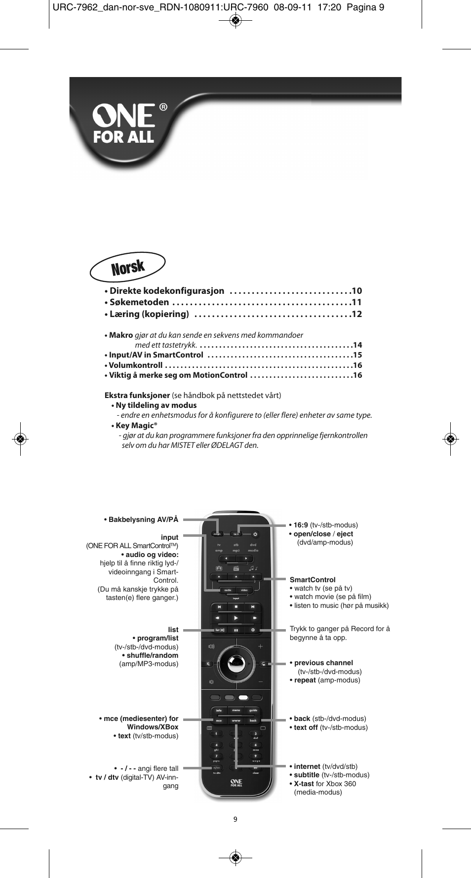 Norsk | One for All URC 7962 Smart Control Motion - Manual and Code list User Manual | Page 66 / 196