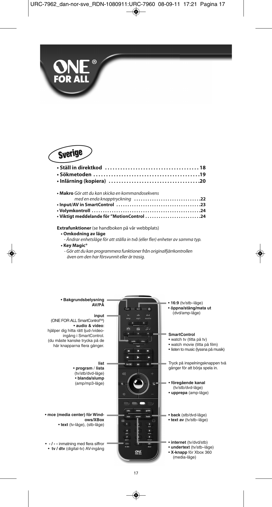 Sverige | One for All URC 7962 Smart Control Motion - Manual and Code list User Manual | Page 74 / 196