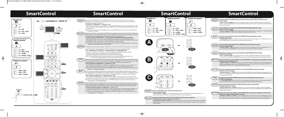 Bc a, Smartcontrol, Listen to music | Watch movie, Watch tv, Listen to music” “watch movie” “watch tv, Control tv + stb, Ex.: activated in “watch tv, English deutsch, Español dansk norsk svenska suomi | One for All URC 7962 Smart Control Motion - Manual and Code list User Manual | Page 8 / 196