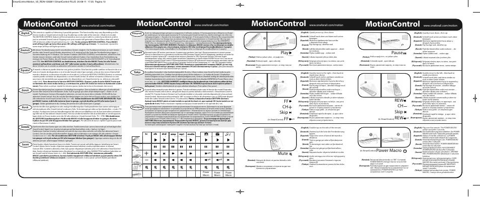 Motioncontrol, Power macro, Rew ch skip rew | Pause play ff ch skip ff mute, English deutsch español dansk norsk svenska suomi, Türkçe | One for All URC 7962 Smart Control Motion - Manual and Code list User Manual | Page 9 / 196