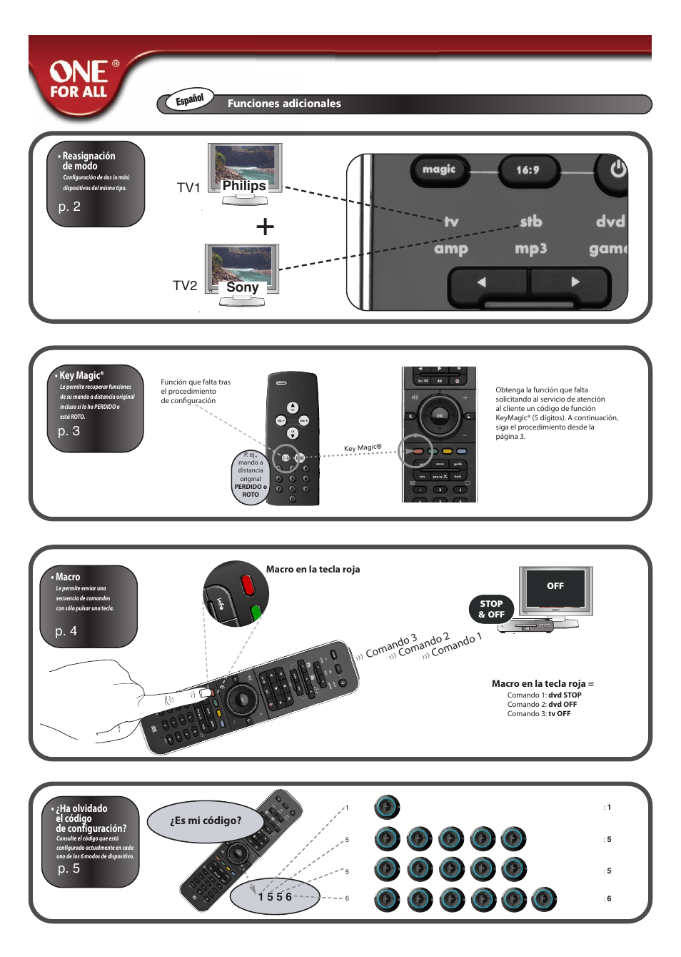 P. 2, Philips sony tv1 tv2, P. 3 p. 4 p. 5 | One for All URC 7960 Smart Control User Manual | Page 17 / 106