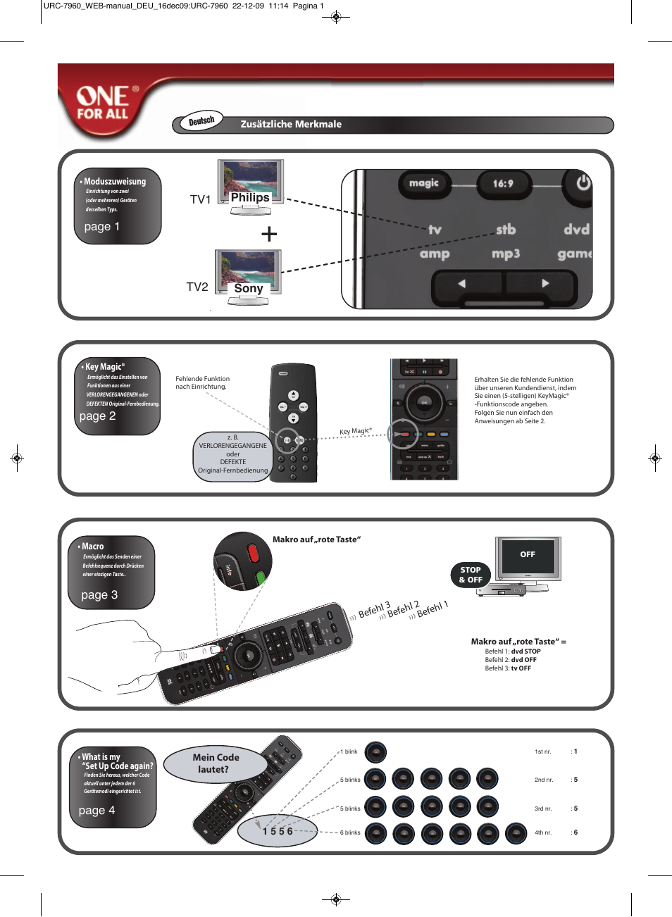 Page 1, Philips sony tv1 tv2, Page 2 page 3 page 4 | One for All URC 7960 Smart Control User Manual | Page 7 / 106