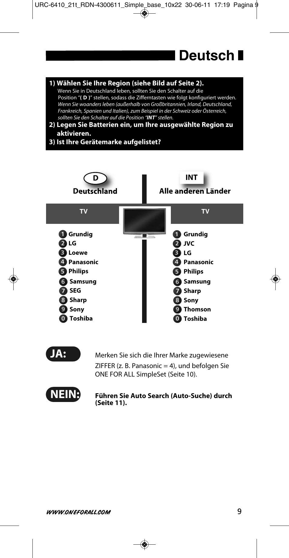 Deutsch, Nein | One for All URC 6410 Simple TV User Manual | Page 10 / 120