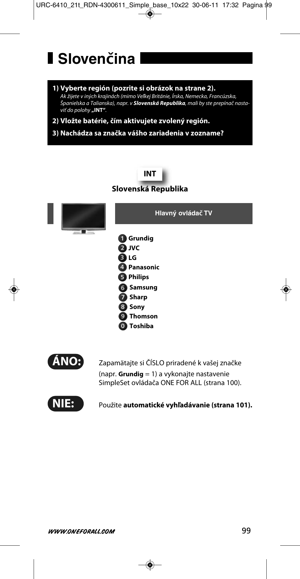 Sloven čina | One for All URC 6410 Simple TV User Manual | Page 100 / 120