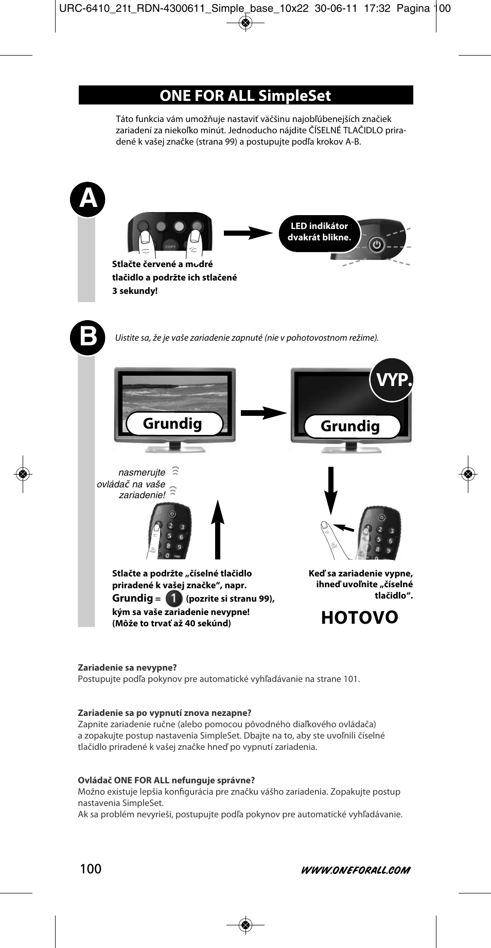 Hotovo, One for all simpleset, Grundig | One for All URC 6410 Simple TV User Manual | Page 101 / 120