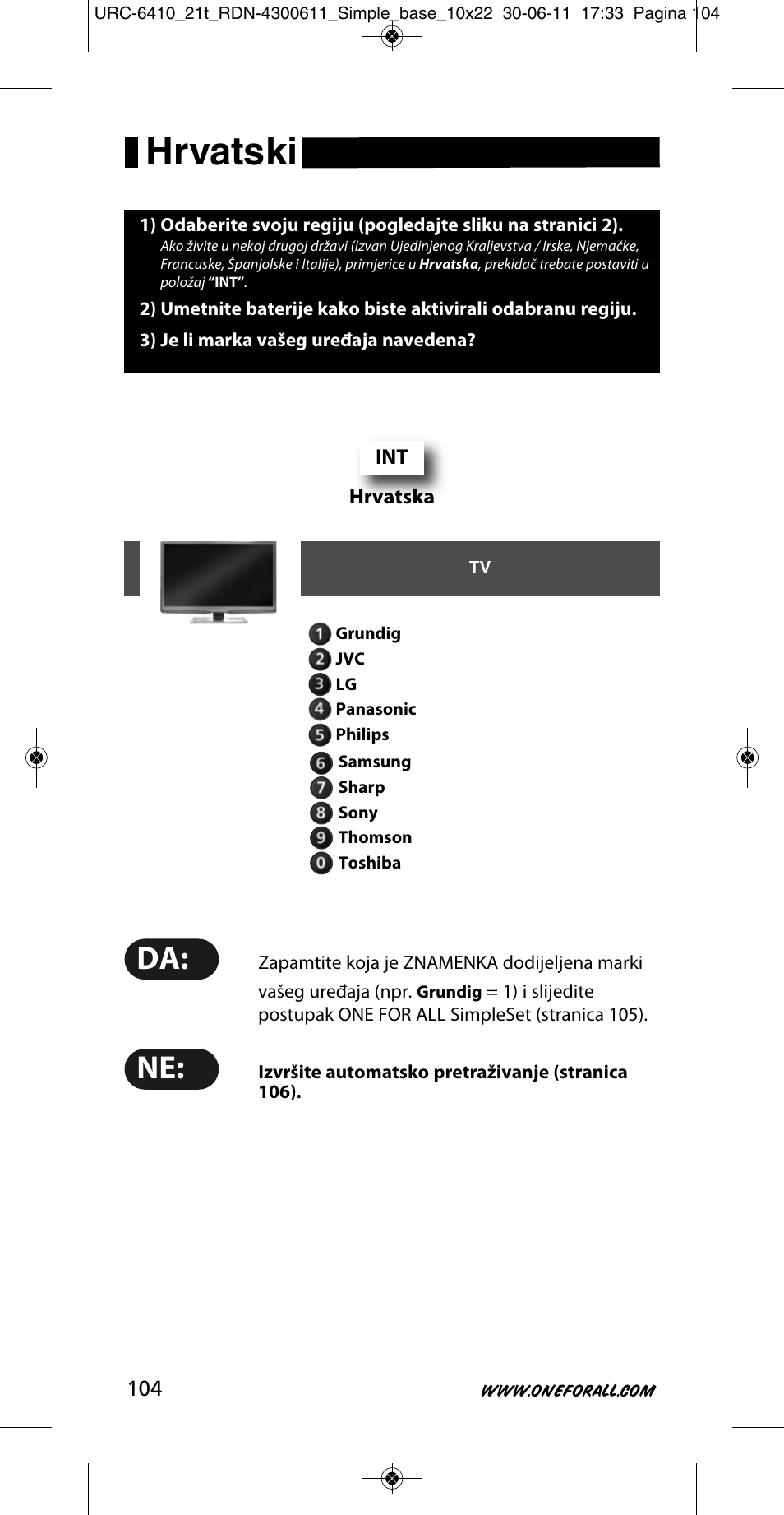 Hrvatski | One for All URC 6410 Simple TV User Manual | Page 105 / 120