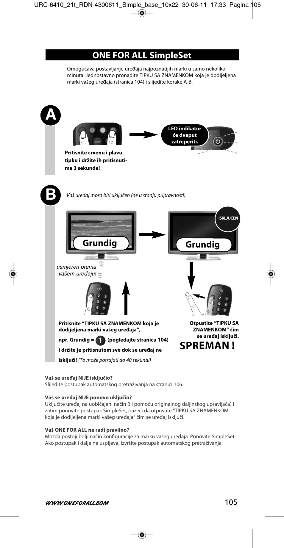 Spreman, One for all simpleset, Grundig | One for All URC 6410 Simple TV User Manual | Page 106 / 120