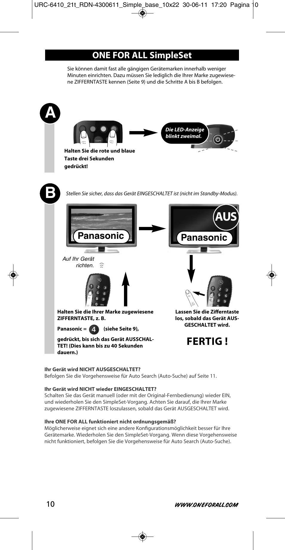 Fertig, Panasonic, One for all simpleset | One for All URC 6410 Simple TV User Manual | Page 11 / 120