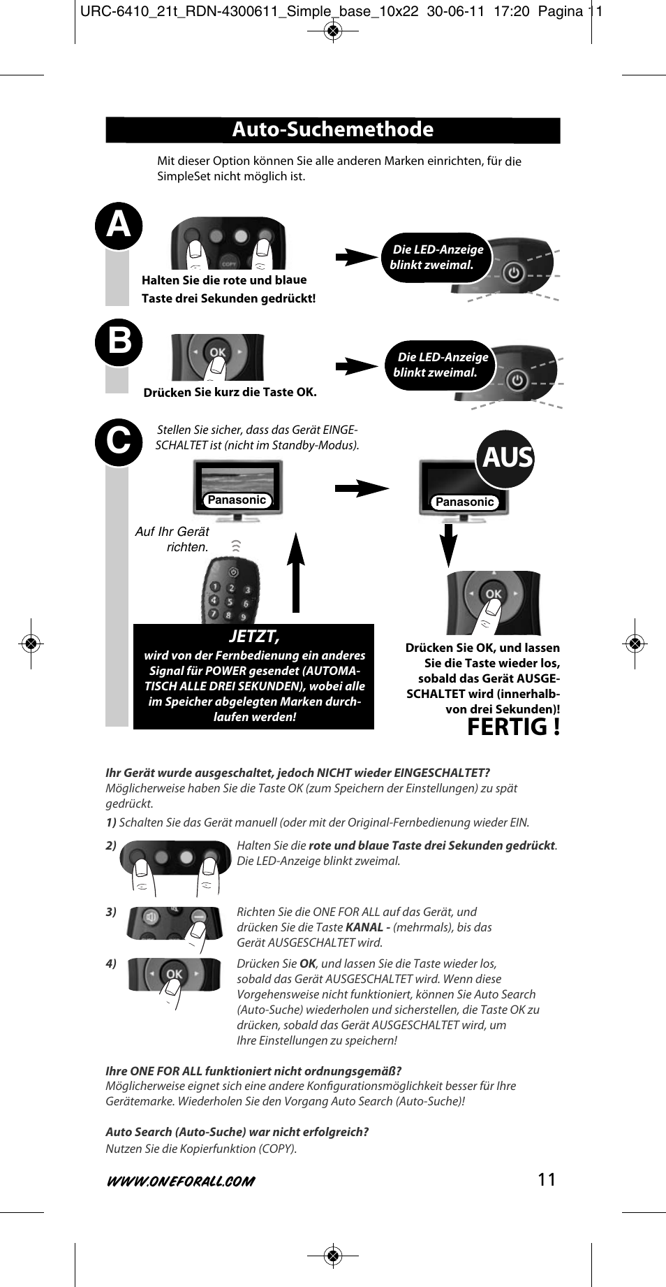 Ab c, Fertig, Auto-suchemethode | Jetzt | One for All URC 6410 Simple TV User Manual | Page 12 / 120