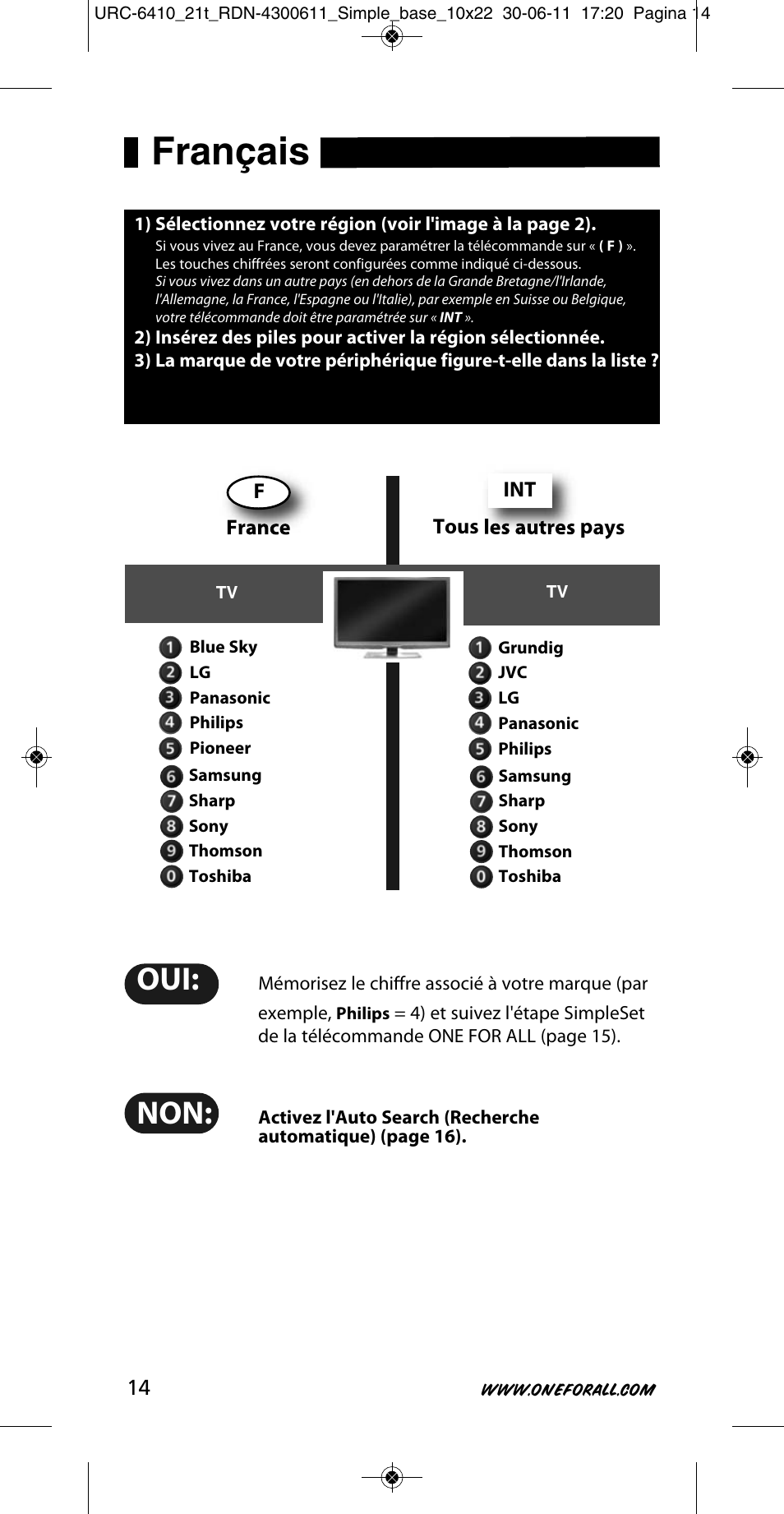 Français | One for All URC 6410 Simple TV User Manual | Page 15 / 120