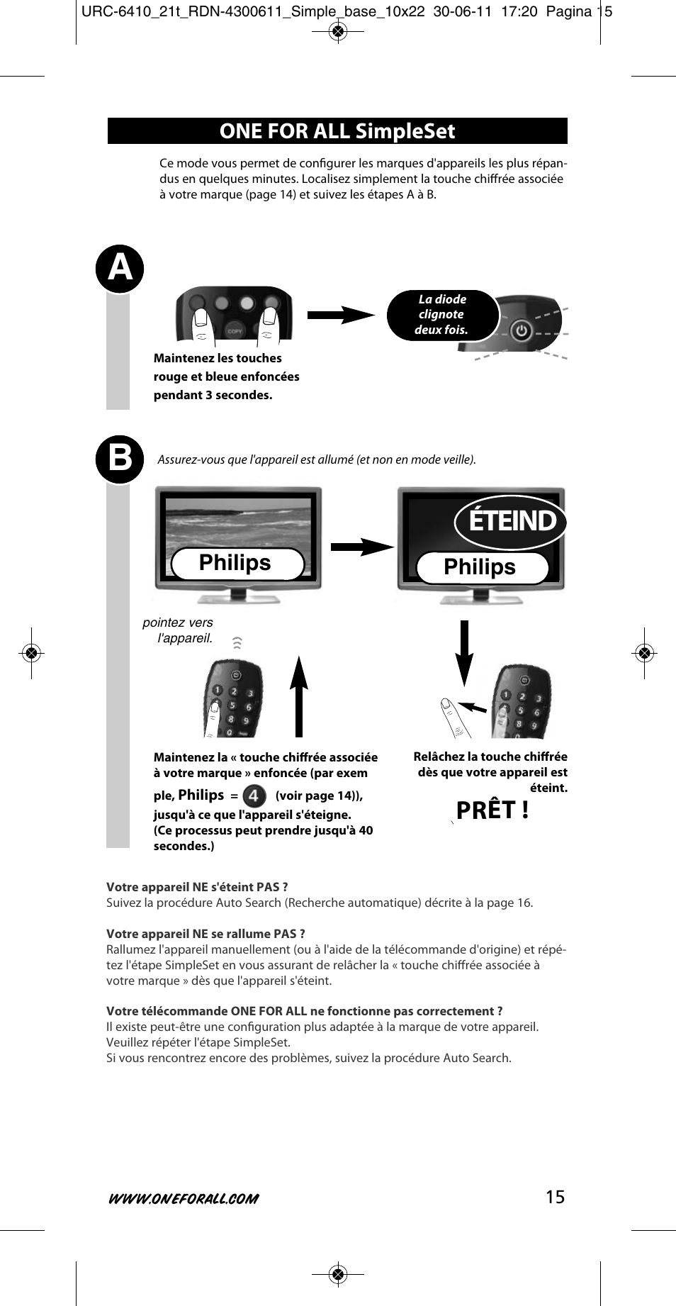 Éteind, Prêt, Philips | One for all simpleset | One for All URC 6410 Simple TV User Manual | Page 16 / 120