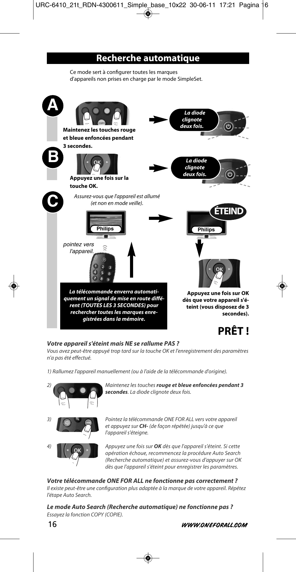 Ab c, Prêt, Recherche automatique | Éteind | One for All URC 6410 Simple TV User Manual | Page 17 / 120