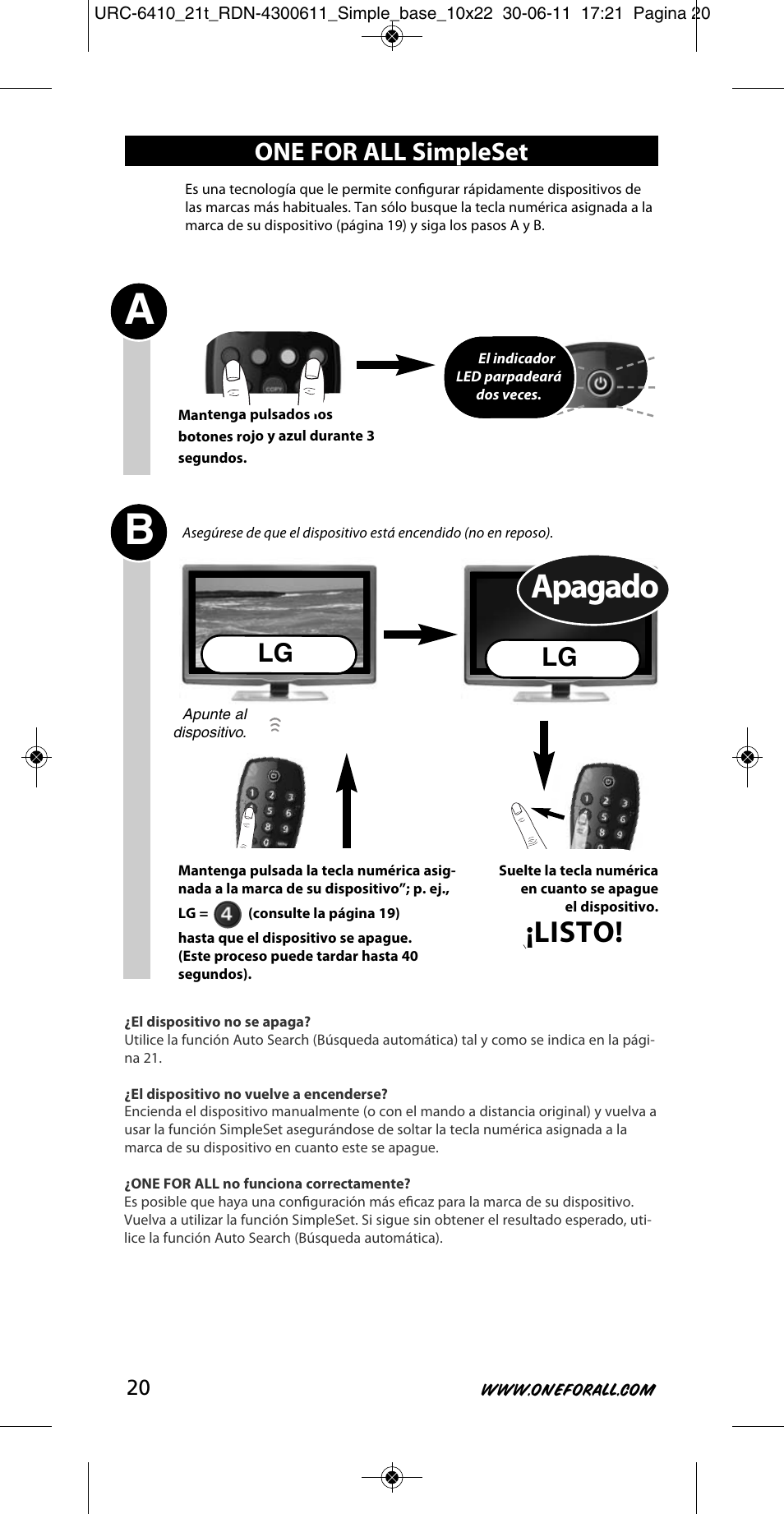 Apagado, Listo, One for all simpleset | One for All URC 6410 Simple TV User Manual | Page 21 / 120